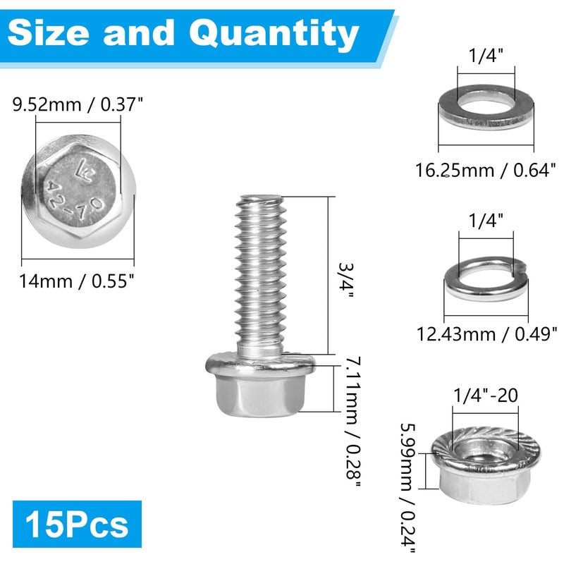 Yinpecly 15 Sets 1/4-20 x 3/4" Flanged Hex Head Bolts Kits, 1/4-20 Flange Hexagon Screws and Nuts,Flat & Spring Lock Washers, 304 Stainless Steel 18-8,Fully Threaded - Image 2